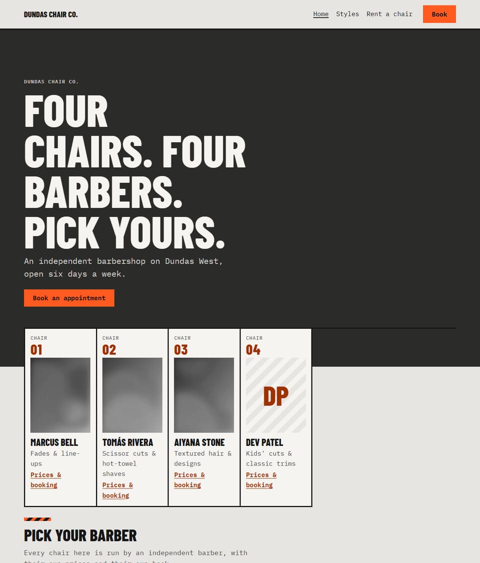 Warehouse design for a barbershop: concrete grey and safety orange, with every barber's chair lined up at the top