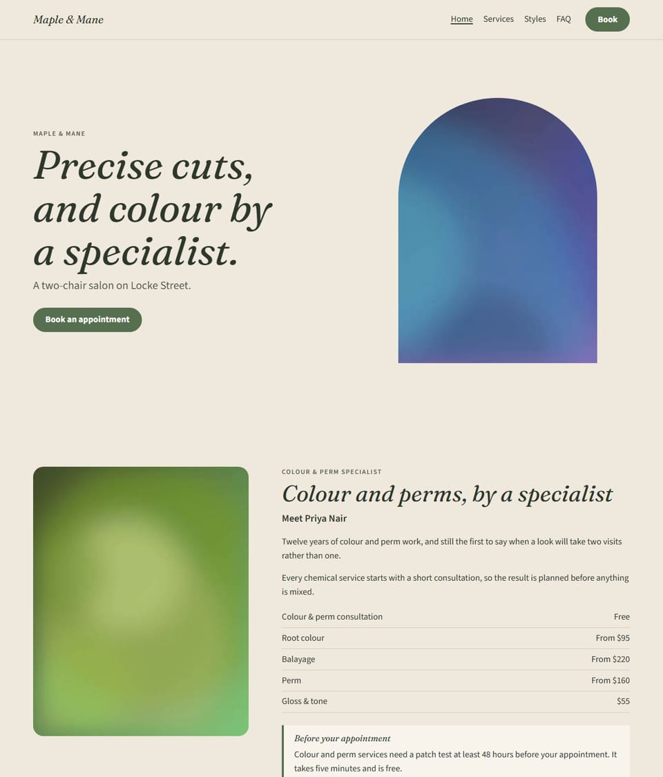 Botanica design for a salon: sage and oat, a soft italic serif headline and an arched photo