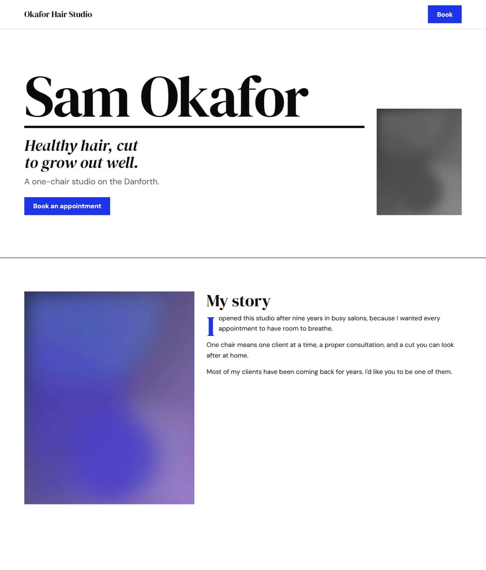 Editorial design for a solo stylist: black and white with a bright blue button and a large name as the headline